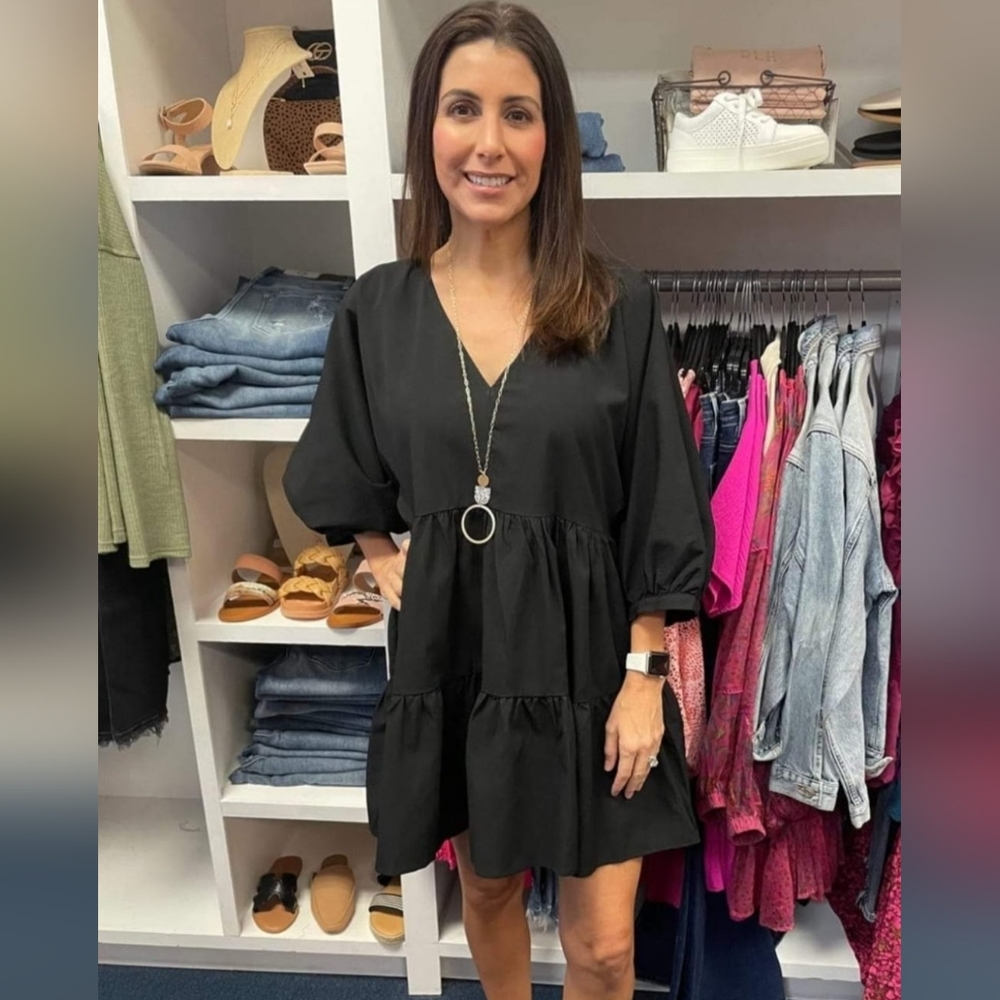 NWT, Medium, Black Tiered Baby Doll Mini Dress, V-neck, Pockets, Lined Skirt